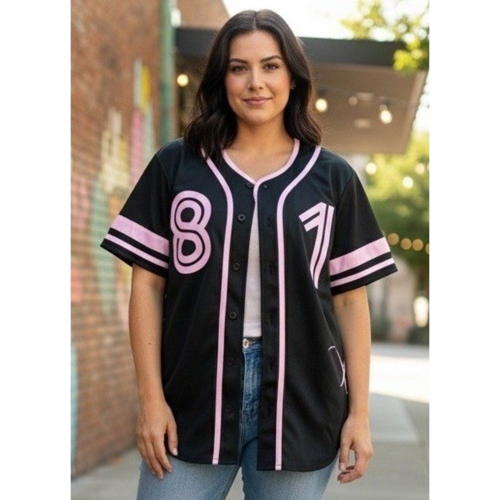 Alexandra Collection Black Pink #81 Baseball Jersey Shirt Button Down Women's S